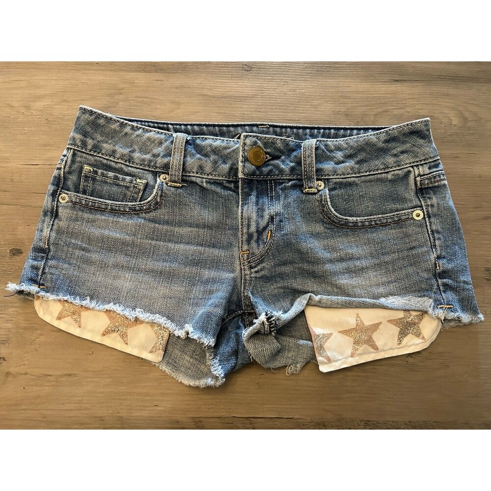 American Eagle Women Size 00 Blue Denim Jean Shorts Stars Cut Off Cotton Mini